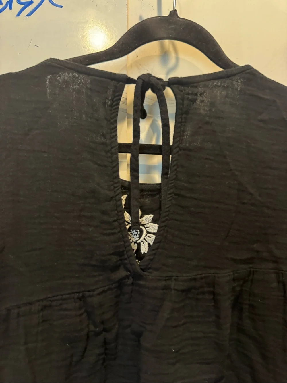 Old Navy Black Peasant Top with White Floral Embroidery